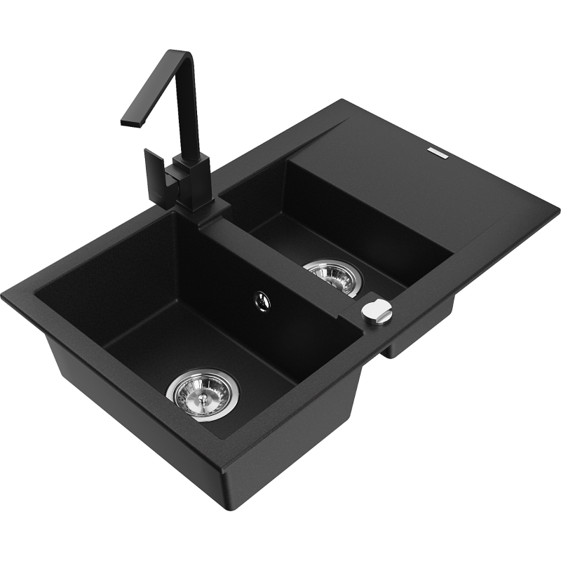 Mexen Gaspar fregadero de granito de 1,5 senos con escurridor y grifo de cocina Rita, negro - 6507-77-670300-70