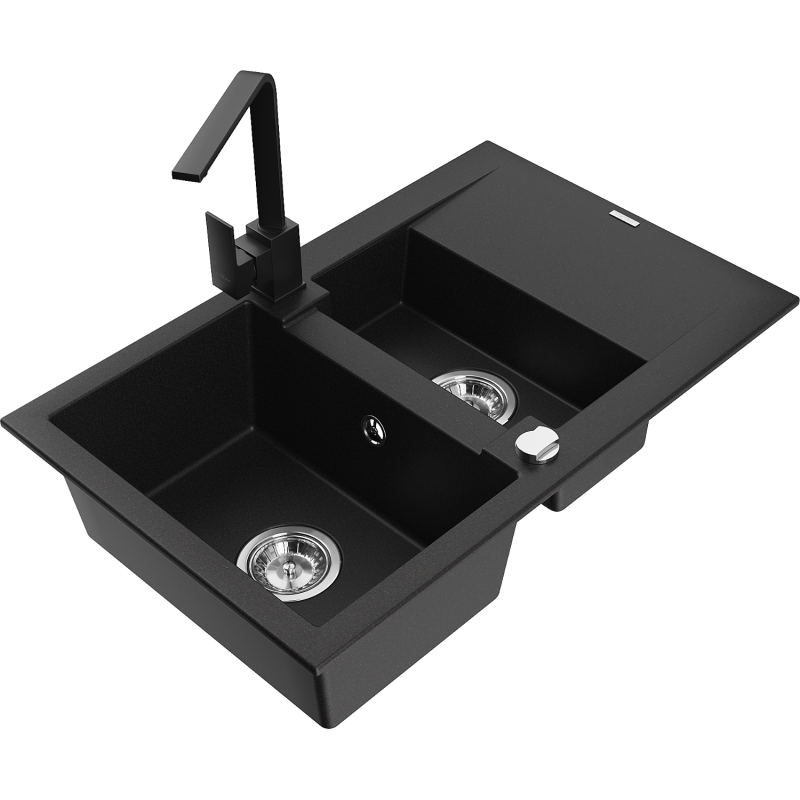Mexen Gaspar granite sink 1.5-bowl with drainer and Rita kitchen tap, black - 6507-77-670300-70