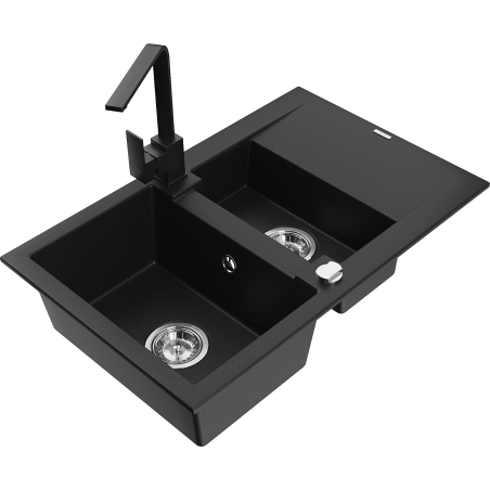 Mexen Gaspar fregadero de granito de 1,5 senos con escurridor y grifo de cocina Rita, negro - 6507-77-670300-70
