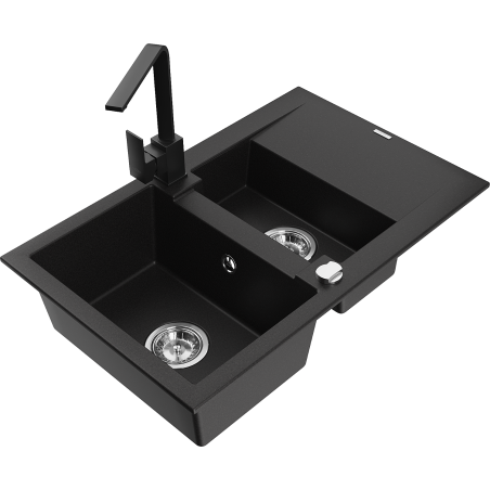 Mexen Gaspar granite sink 1.5-bowl with drainer and Rita kitchen tap, black - 6507-77-670300-70