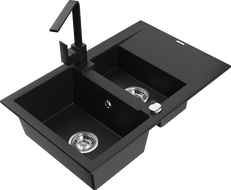 Mexen Gaspar granite sink 1.5-bowl with drainer and Rita kitchen tap, black - 6507-77-670300-70