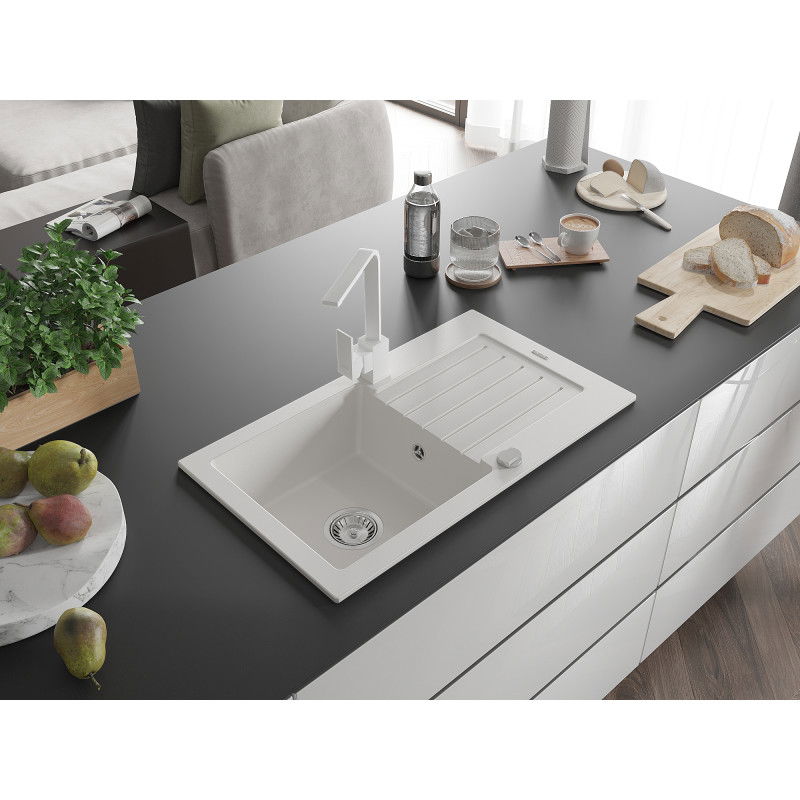 Mexen Pablo granite kitchen sink 1-bowl with drainer and Rita kitchen tap, white - 6510-20-670300-20