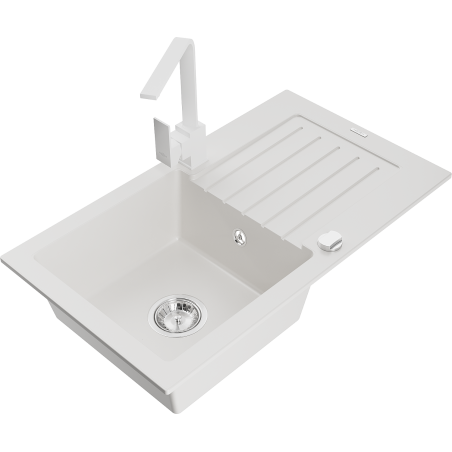 Mexen Pablo granite kitchen sink 1-bowl with drainer and Rita kitchen tap, white - 6510-20-670300-20