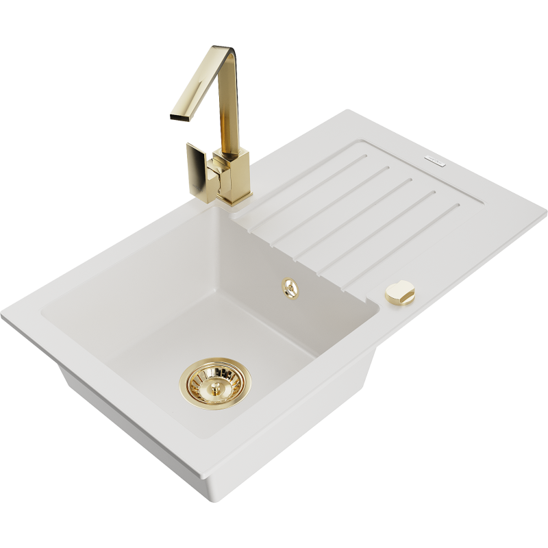 Mexen Pablo lava-loiça de granito 1-cuba com escorredor e torneira de cozinha Rita, branco - 6510-20-670300-50