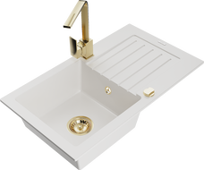 Mexen Pablo 1-bowl granite sink with drainer and Rita kitchen tap, white - 6510-20-670300-50