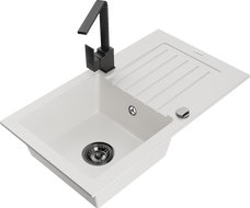 Mexen Pablo 1-Kammer Granitspüle mit Abtropffläche und Küchenarmatur Rita, weiß - 6510-20-670300-70