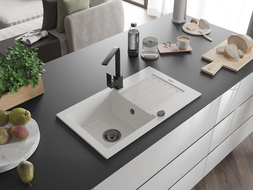 Mexen Pablo lava-loiça de granito de 1 bacia com escorredor e torneira de cozinha Rita, branco - 6510-20-670300-70