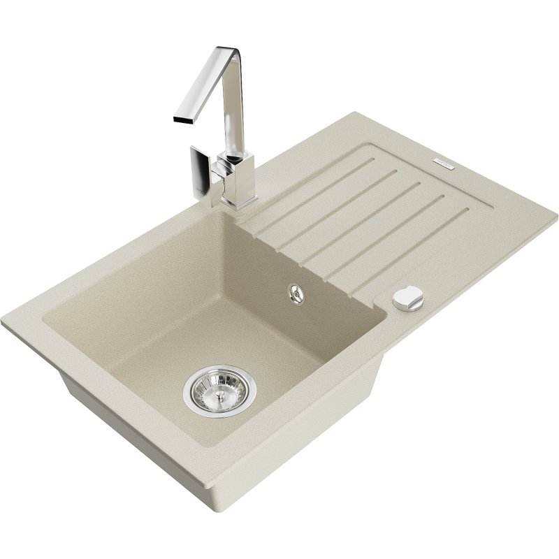 Mexen Pablo fregadero de cocina de granito de 1 seno con escurridor y grifo de cocina Rita, beige - 6510-69-670300-00