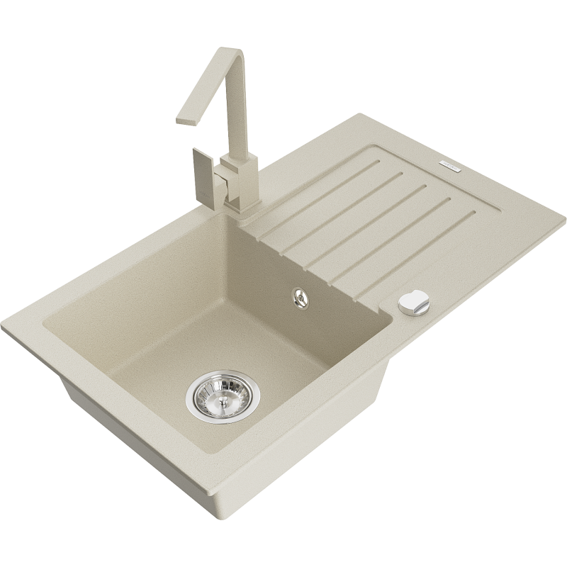 Mexen Pablo fregadero de granito de 1 compartimiento con escurridor y grifo de cocina Rita, beige - 6510-69-670300-69