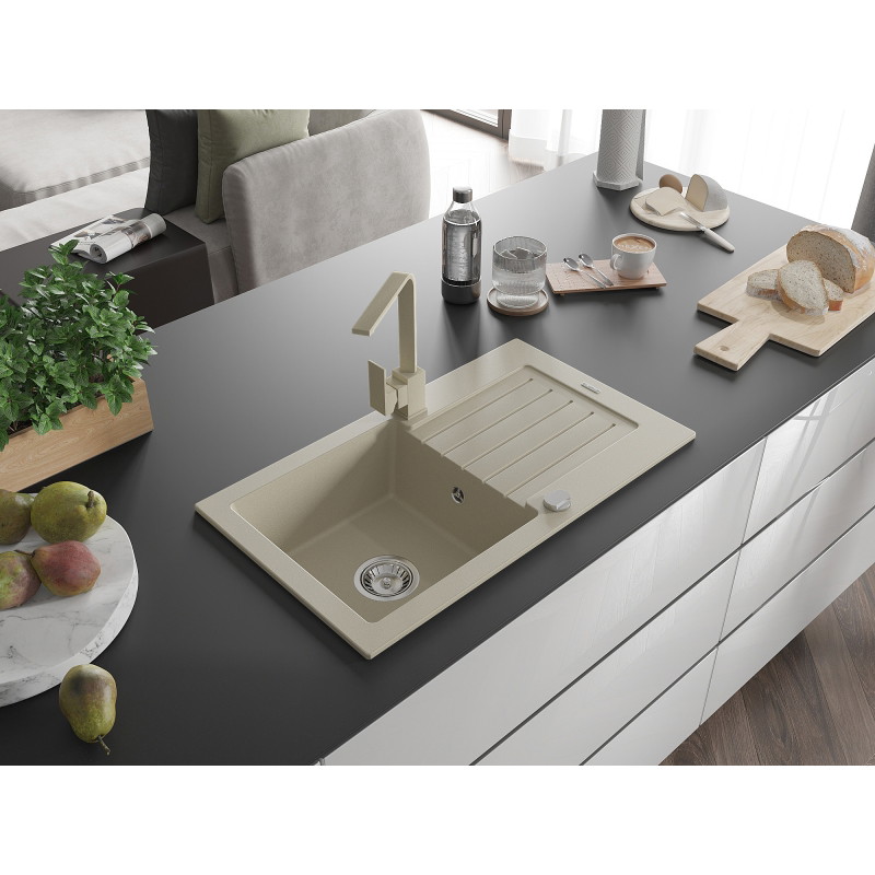 Mexen Pablo fregadero de granito de 1 compartimento con escurridor y grifo de cocina Rita, beige - 6510-69-670300-69