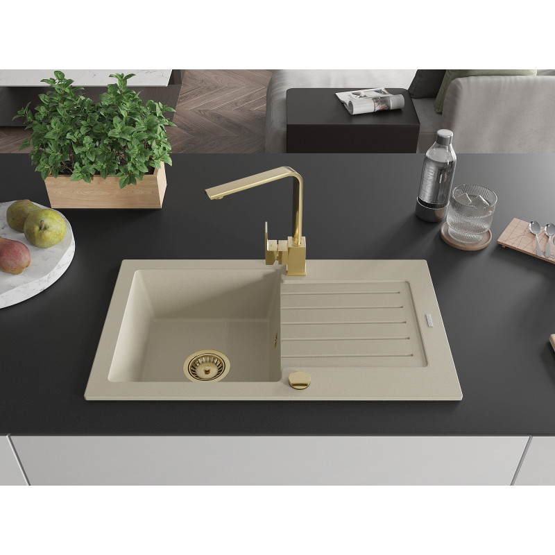 Mexen Pablo lavello in granito 1-vasca con sgocciolatoio e rubinetto cucina Rita, beige - 6510-69-670300-50