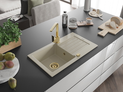 Mexen Pablo fregadero de granito de 1 seno con escurridor y grifo de cocina Rita, beige - 6510-69-670300-50