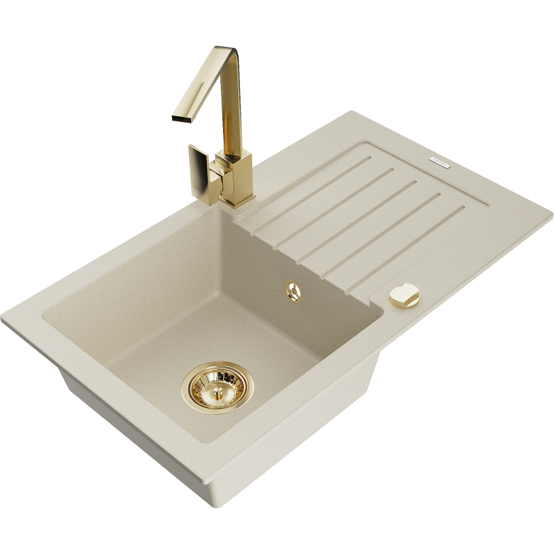 Mexen Pablo fregadero de granito de 1 seno con escurridor y grifo de cocina Rita, beige - 6510-69-670300-50