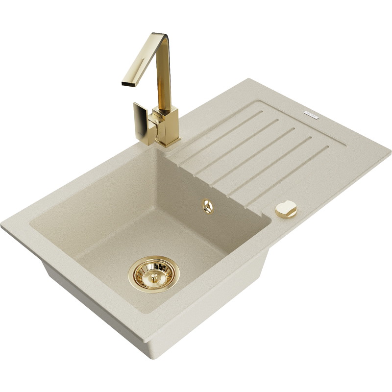 Mexen Pablo lavello in granito 1-vasca con sgocciolatoio e rubinetto cucina Rita, beige - 6510-69-670300-50