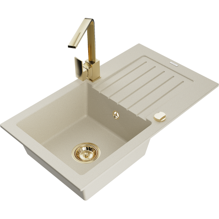Mexen Pablo granit gootsteen met 1 kamer, afdruiprek en keukenmengkraan Rita, beige - 6510-69-670300-50