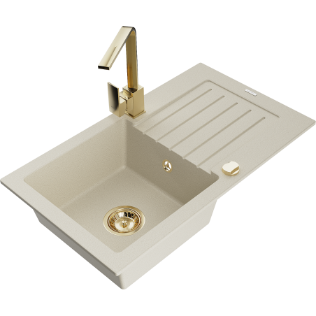 Mexen Pablo Granitspüle 1-Becken mit Abtropffläche und Küchenarmatur Rita, beige - 6510-69-670300-50