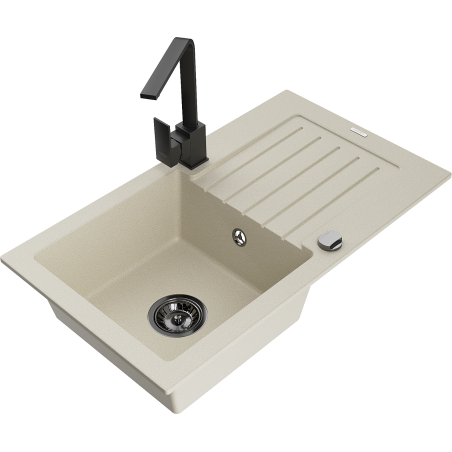 Mexen Pablo évier en granit 1 bac avec égouttoir et robinet de cuisine Rita, beige - 6510-69-670300-70