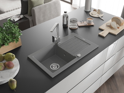 Mexen Pablo évier en granit 1 bac avec égouttoir et robinet de cuisine Rita, gris - 6510-71-670300-00