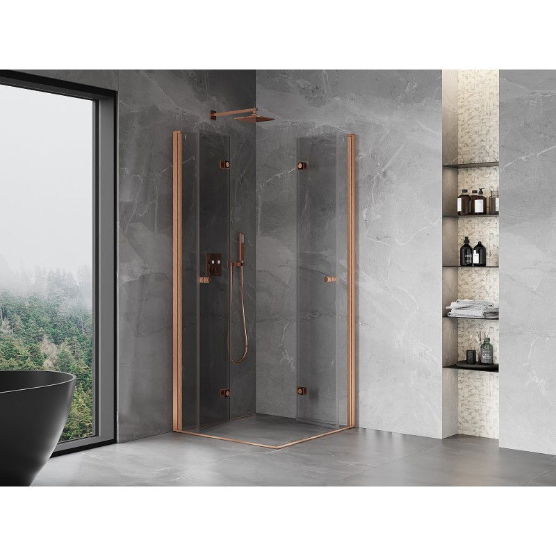 Mexen Mist-F Duo cabine de douche pliante 75 x 75 cm, transparent, cuivre brossé - 8A6-075L-075P-65-00