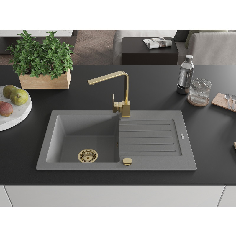 Mexen Pablo granieten spoelbak met 1 bak, afdruiprek en keukenmengkraan Rita, grijs - 6510-71-670300-50