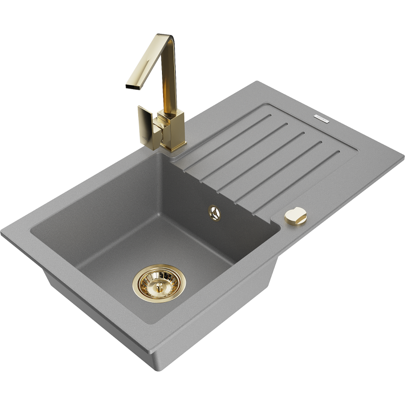 Mexen Pablo fregadero de granito 1 cubeta con escurridor y grifo de cocina Rita, gris - 6510-71-670300-50