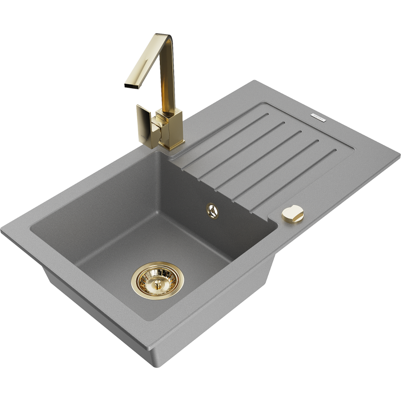 Mexen Pablo Granitspüle 1-Becken mit Abtropffläche und Küchenarmatur Rita, grau - 6510-71-670300-50