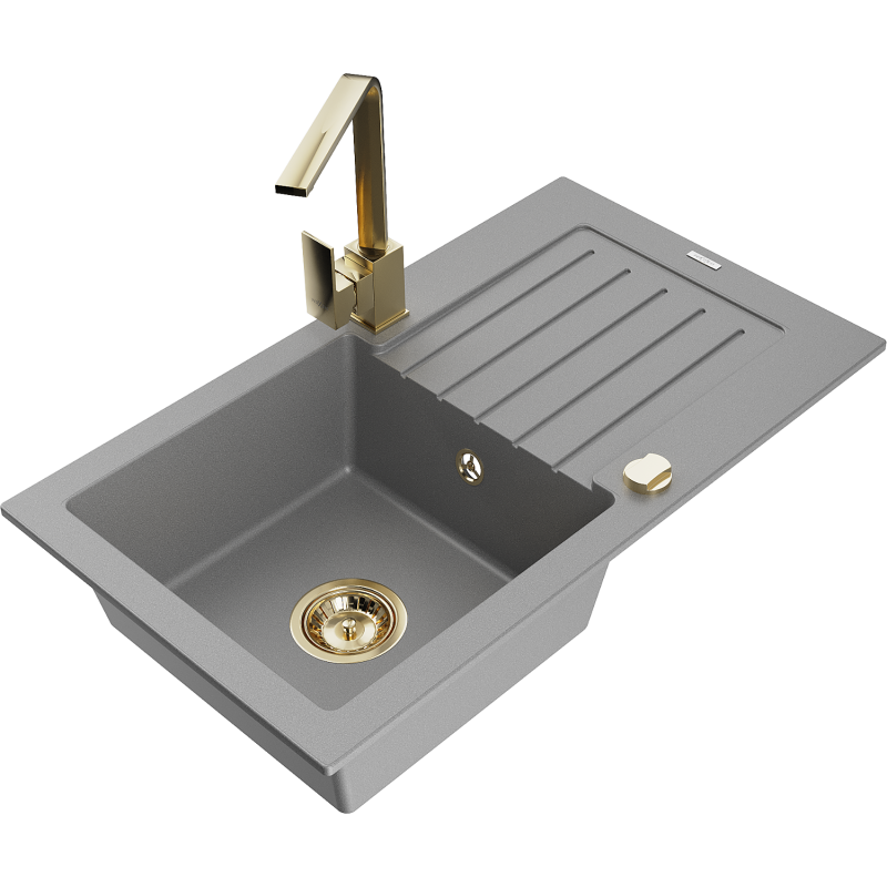 Mexen Pablo single-bowl granite sink with drainer and Rita kitchen tap, grey - 6510-71-670300-50