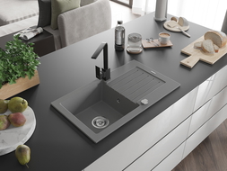 Mexen Pablo 1-allasinen graniittinen pesuallas valutusalueella ja keittiöhanalla Rita, harmaa - 6510-71-670300-70