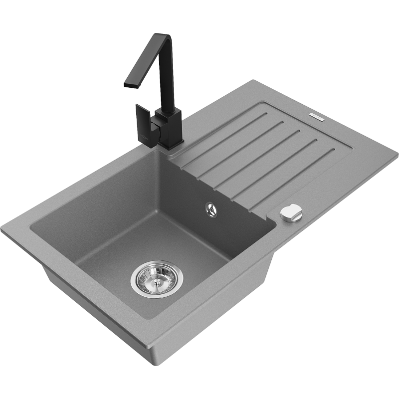 Mexen Pablo 1-allasinen graniittinen pesuallas valutusalueella ja keittiöhanalla Rita, harmaa - 6510-71-670300-70
