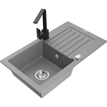 Mexen Pablo granite kitchen sink 1-bowl with drainer and Rita kitchen tap, grey - 6510-71-670300-70