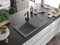 Mexen Pablo Granitspüle 1-becken mit Abtropffläche und Küchenarmatur Rita, grau - 6510-71-670300-70-B
