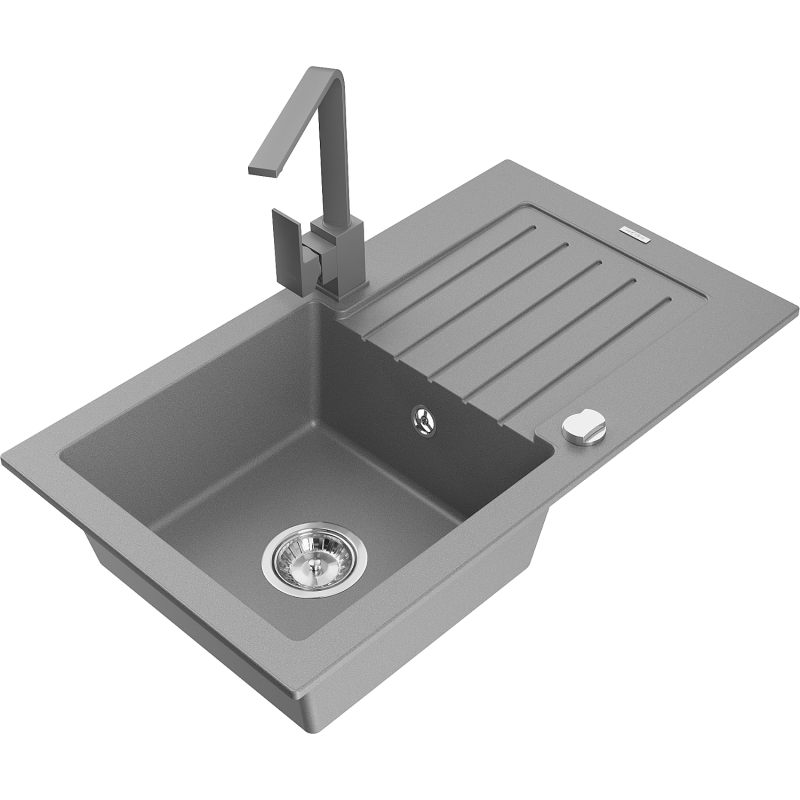 Mexen Pablo 1-bowl granite sink with drainer and Rita kitchen tap, grey - 6510-71-670300-71