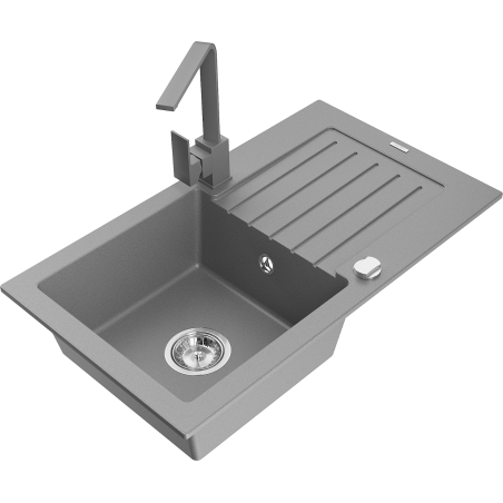 Mexen Pablo Granitspüle 1-Becken mit Abtropffläche und Küchenarmatur Rita, grau - 6510-71-670300-71
