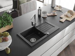 Mexen Pablo évier en granit 1 bac avec égouttoir et robinet de cuisine Rita, noir/argent métallisé- 6510-73-670300-00