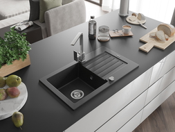 Mexen Pablo granite sink 1-bowl with drainer and Rita kitchen tap, black/silver metallic- 6510-73-670300-00