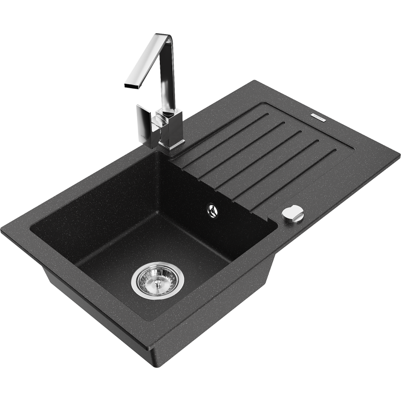 Mexen Pablo fregadero de granito de 1 seno con escurridor y grifo de cocina Rita, negro/metalizado plateado- 6510-73-670300-00