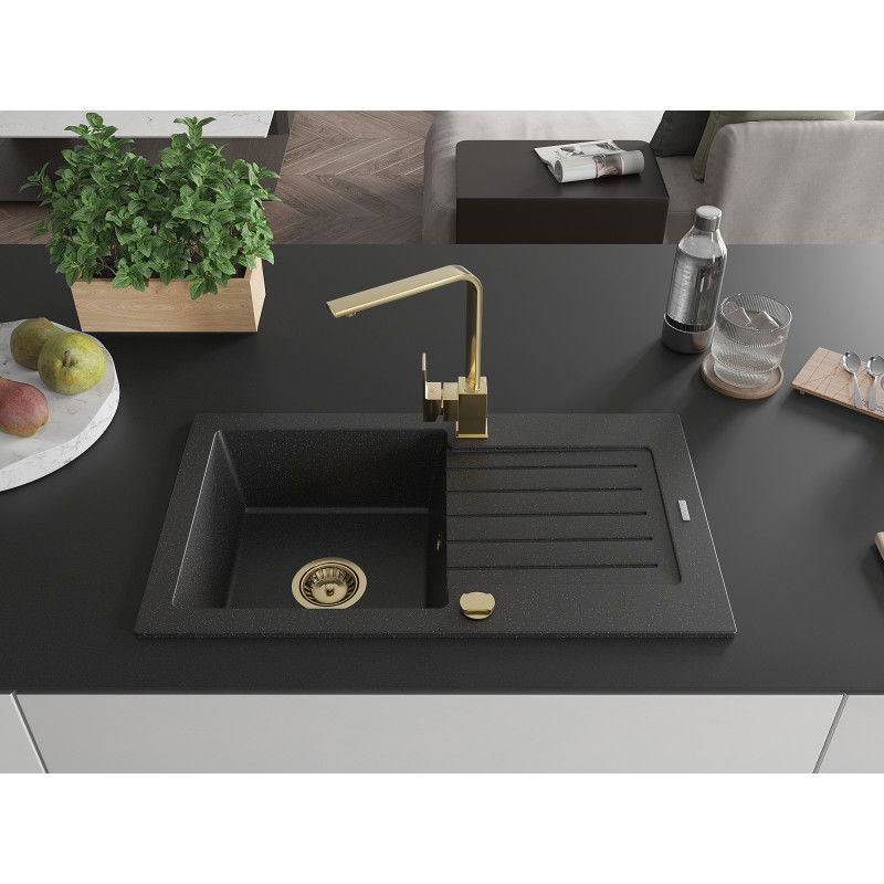 Mexen Pablo granite kitchen sink 1-bowl with drainer and Rita kitchen tap, black/silver metallic- 6510-73-670300-50