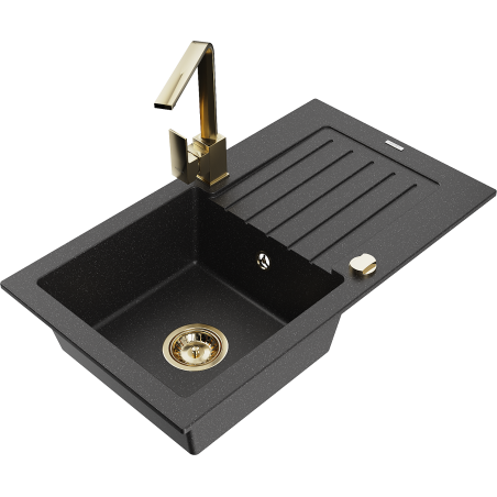 Mexen Pablo granite kitchen sink 1-bowl with drainer and Rita kitchen tap, black/silver metallic- 6510-73-670300-50