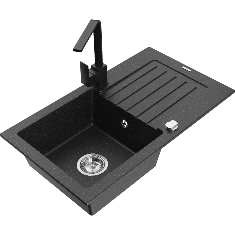 Mexen Pablo granite kitchen sink 1-bowl with drainer and kitchen tap Rita, black/silver metallic- 6510-73-670300-70