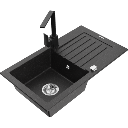 Mexen Pablo granite kitchen sink 1-bowl with drainer and kitchen tap Rita, black/silver metallic- 6510-73-670300-70