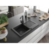 Mexen Pablo Granitspüle mit 1 Becken, Abtropffläche und Küchenarmatur Rita, schwarz/silber metallic - 6510-73-670300-70-B