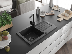 Mexen Pablo Granitspüle 1-beckig mit Abtropffläche und Küchenarmatur Rita, schwarz/silber-metallic- 6510-73-670300-70-B