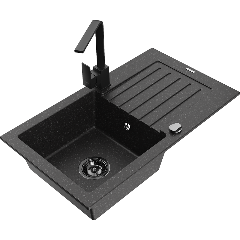 Mexen Pablo évier en granit à 1 bac avec égouttoir et robinet de cuisine Rita, noir/métallisé argent - 6510-73-670300-70-B