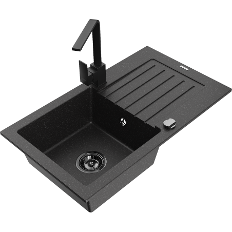 Mexen Pablo Granitspüle mit 1 Becken, Abtropffläche und Küchenarmatur Rita, schwarz/silber metallic - 6510-73-670300-70-B