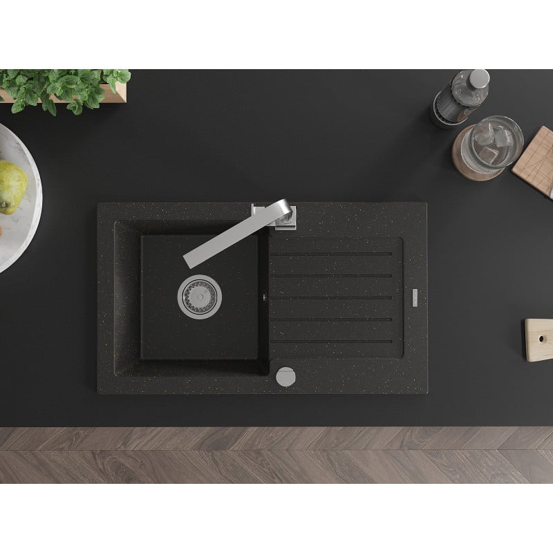 Mexen Pablo fregadero de granito de 1 cubeta con escurridor y grifo de cocina Rita, negro/metalizado dorado- 6510-75-670300-00