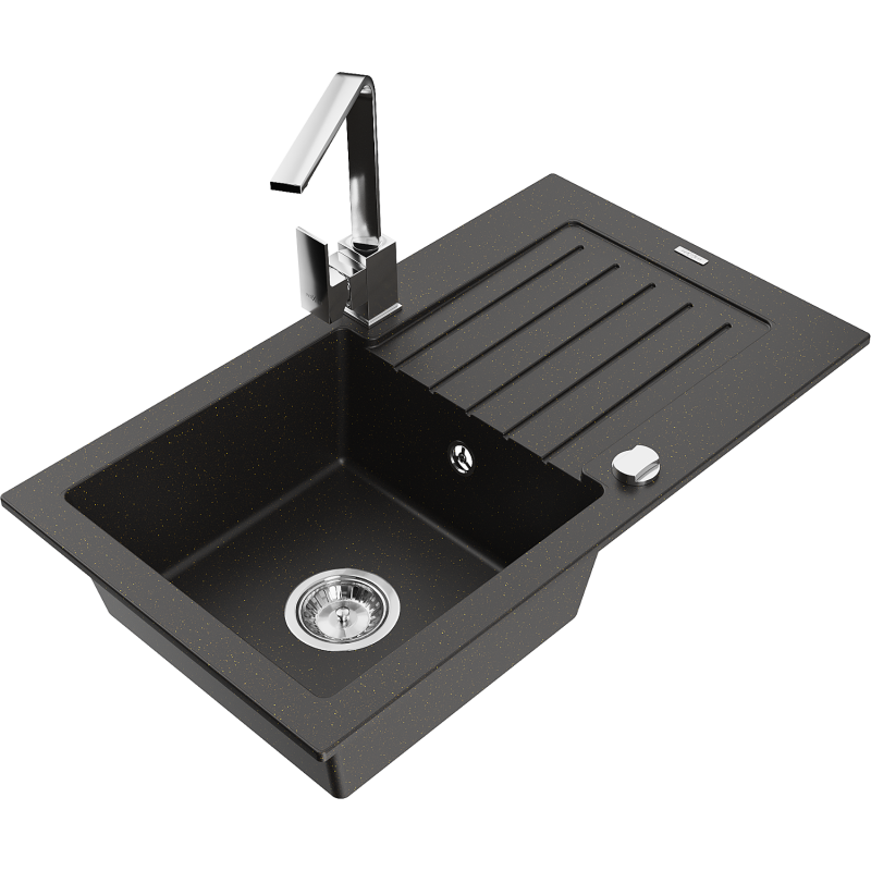 Mexen Pablo graniittinen 1-allas tiskiallas kuivaustasolla ja keittiöhana Ritalla, musta/kultainen metallinhohto