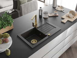 Mexen Pablo Granitspüle mit 1 Becken, Abtropffläche und Kücharmatur Rita, schwarz/gold metallic- 6510-75-670300-50