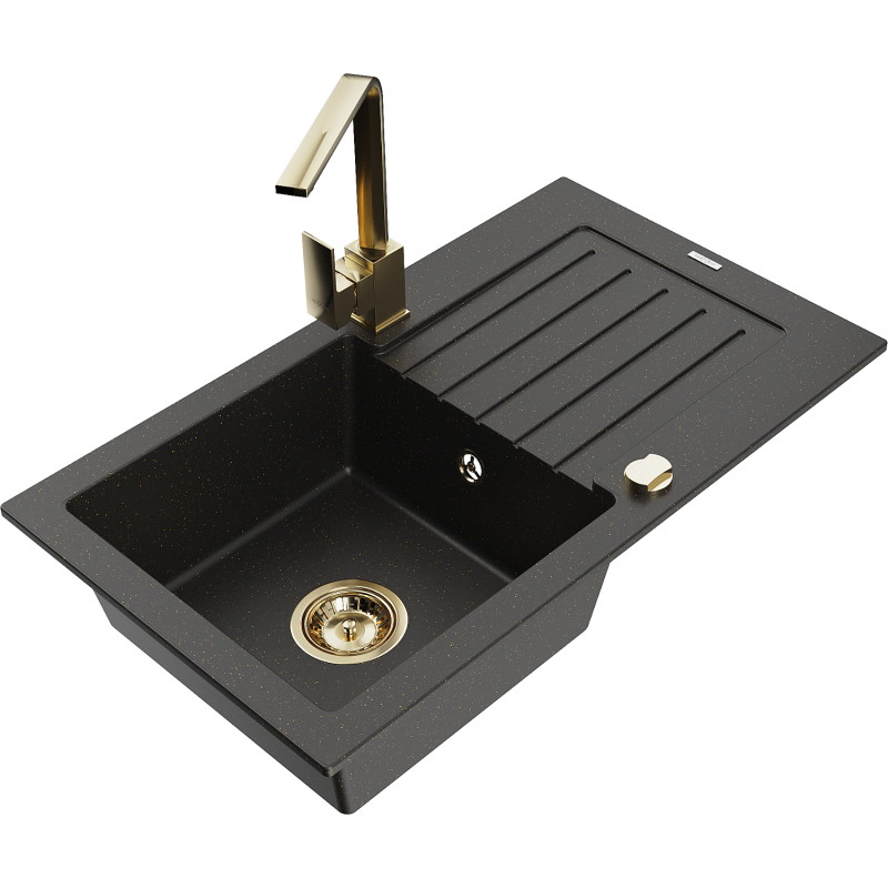 Mexen Pablo lavello in granito a 1 vasca con scolapiatti e miscelatore da cucina Rita, nero/oro metallizzato - 6510-75-670300-50