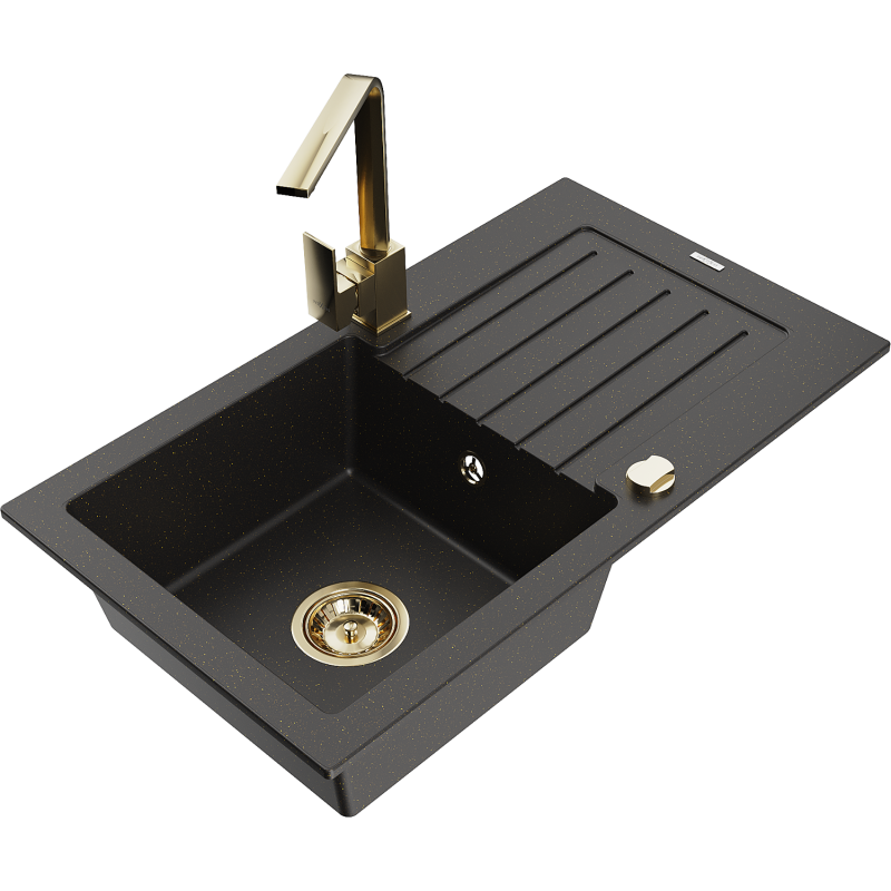 Mexen Pablo lavello in granito a 1 vasca con scolapiatti e rubinetto da cucina Rita, nero/oro metallizzato- 6510-75-670300-50