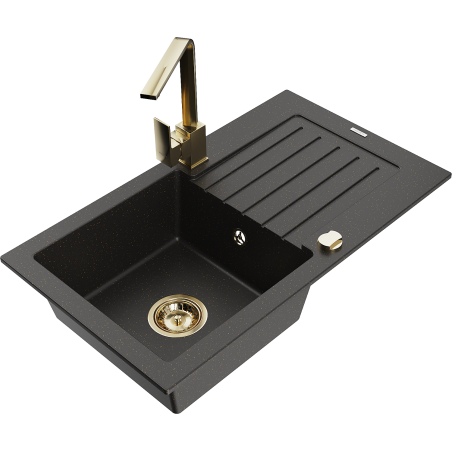 Mexen Pablo lavello in granito a 1 vasca con scolapiatti e miscelatore da cucina Rita, nero/oro metallizzato - 6510-75-670300-50
